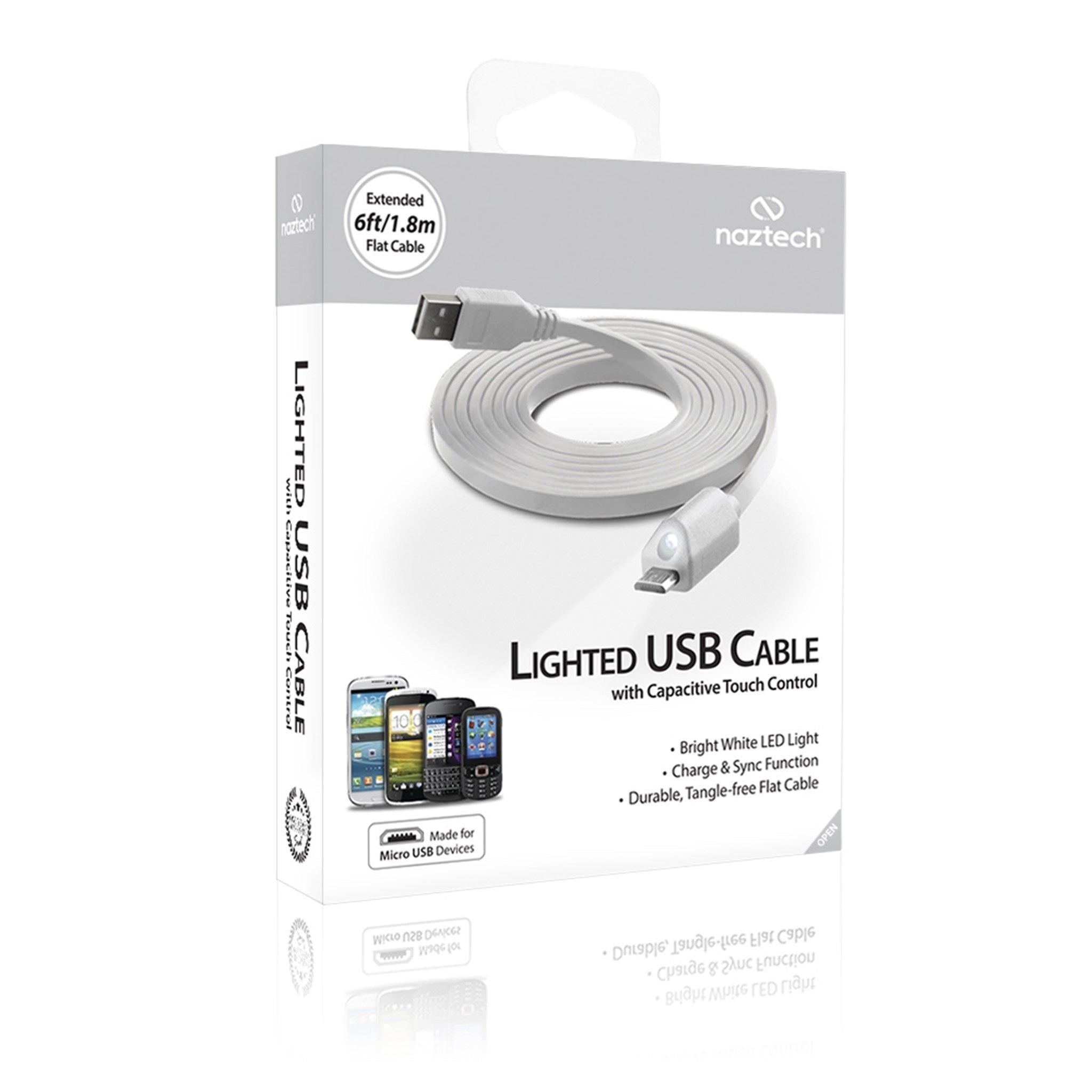 Naztech Micro-USB Ladekabel med Lys 1.8m - Hvid