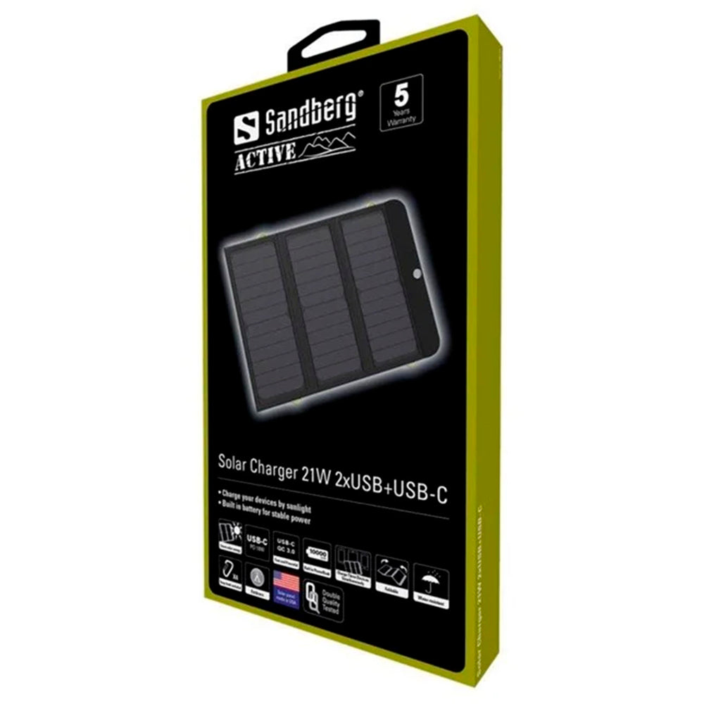 Sandberg Solcelle Oplader & PowerBank 21W - USB-C (PD) / 2 x USB-A 10 / 18W- 10.000 - Sort | PowerBank | TABLETCOVERS.DK