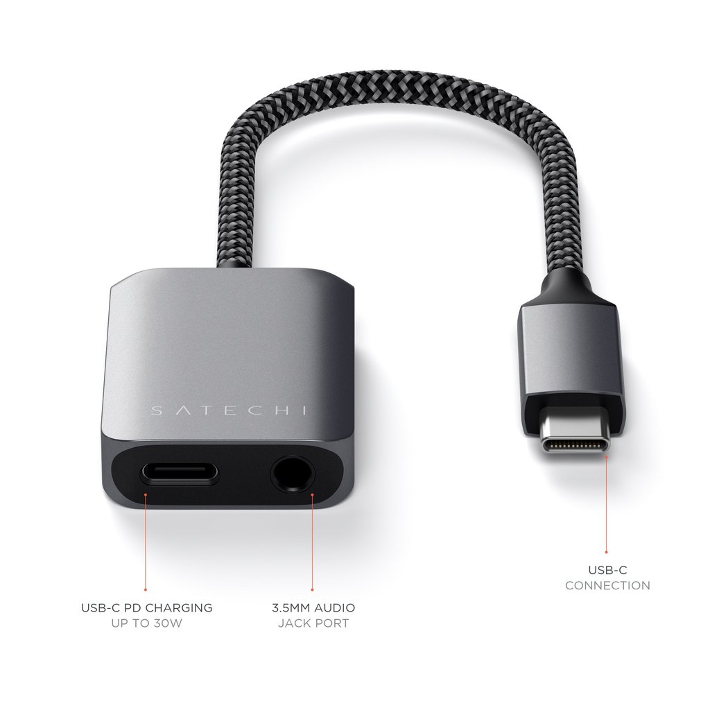 Satechi USB-C til Jack-stik 3.5 mm & USB-C - Space Grey | USB-C Adapter | TABLETCOVERS.DK